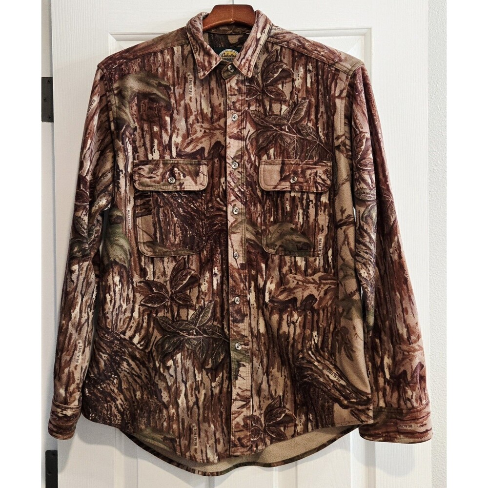 Vtg Cabelas Realtree Hardwoods Fleece Shirt Mens Gorpcore Camo Button Up